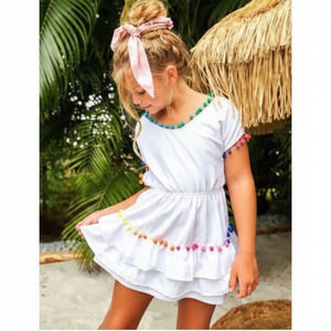 Peixoto Nissi White Multicolor Pom Pom Casual Dress XS 4/5 Rainbow Resort Wear